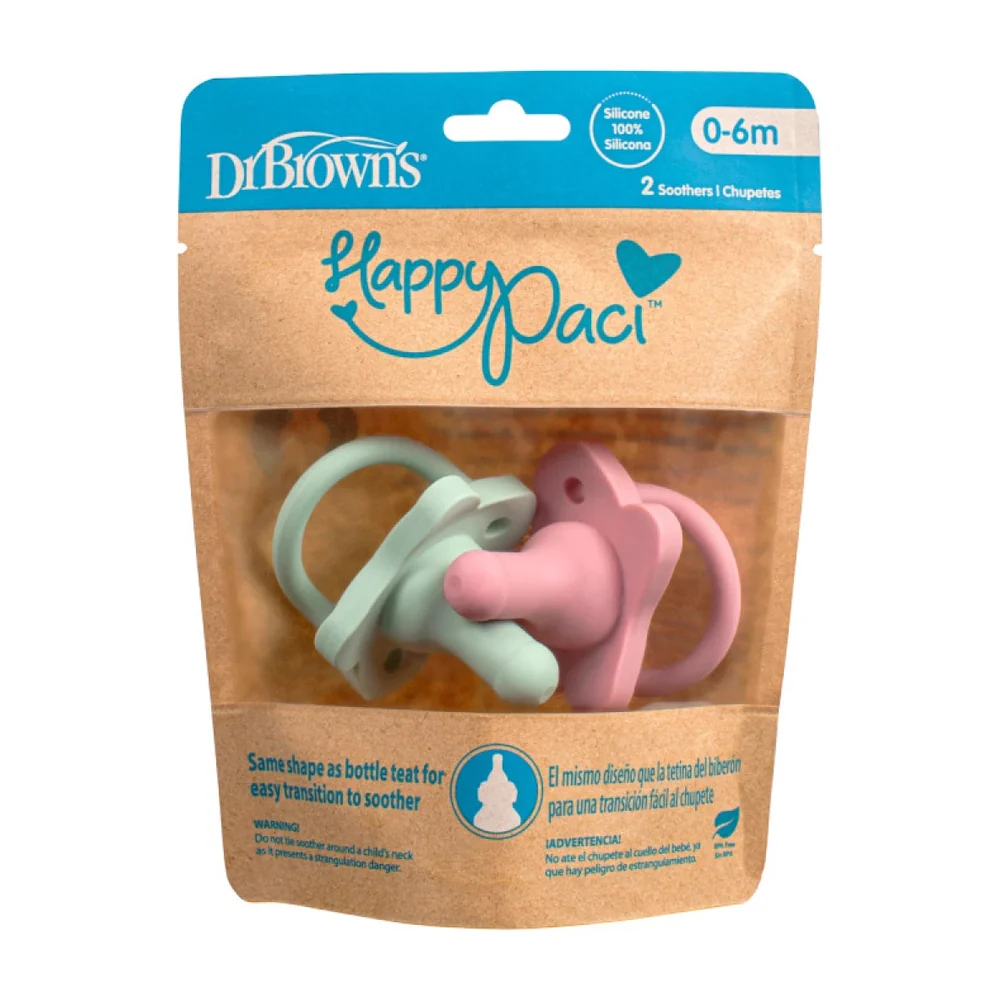 HappyPaci Silicone One-Piece Soother - 0-6m, Pink and Green, 2-Pack