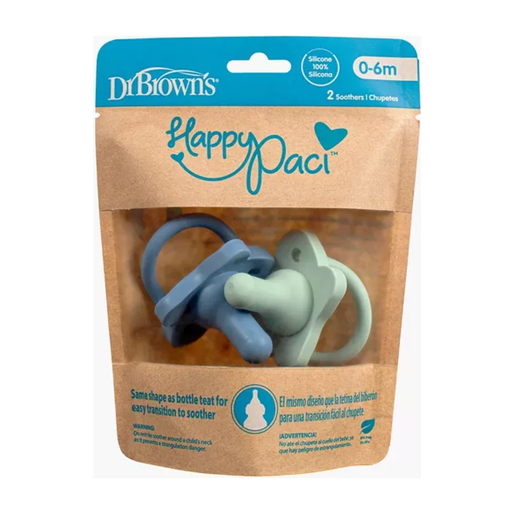 HappyPaci Silicone One-Piece Soother - 0-6m, Blue and Green, 2-Pack