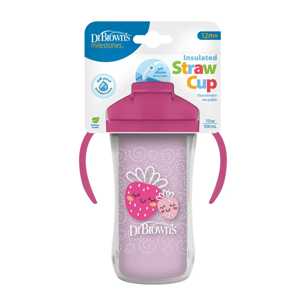 Insulated Straw Cup with Handles, Pink Strawberries (300 ml, 12m+)